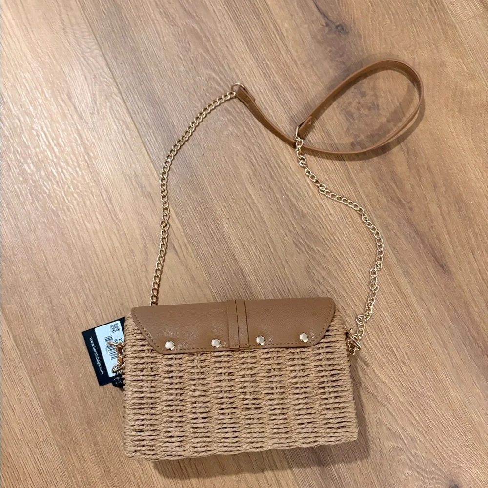 Woven Crossbody Bag with Leather Flap - Tan - Picture 2 of 5
